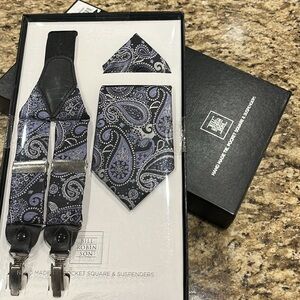 Handmade necktie, pocket square & suspenders